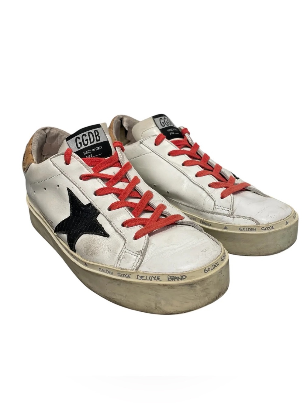 Golden Goose White Sneakers with Black Insole Print and Red Laces